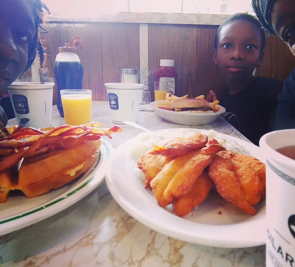 Scrimp & Grits Waffles & Bacon Burger and Fries
